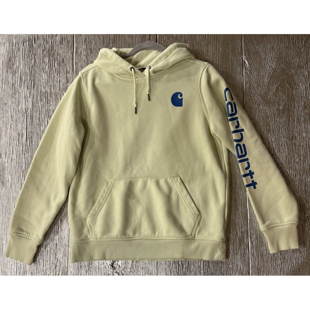 Carhartt Women’s M Relaxed Fit Hoodie Lime Green Blue Logo Sleeve TS0288-W